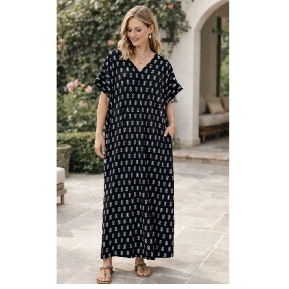 🧋 Bhuri Boho Jaipuri Kaftan Maxi Dress Tribal Print Relaxed Fit NWT O/S